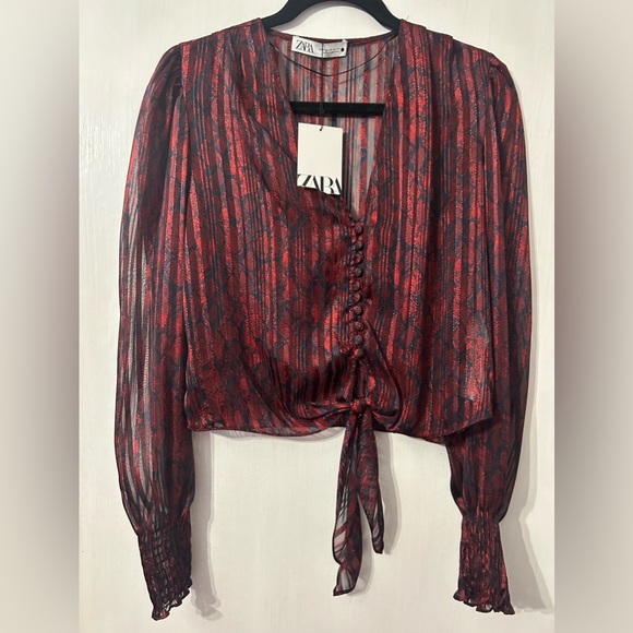 ZARA Sheer Snakeskin print blouse with cuffed sleeves size M - Picture 3 of 4
